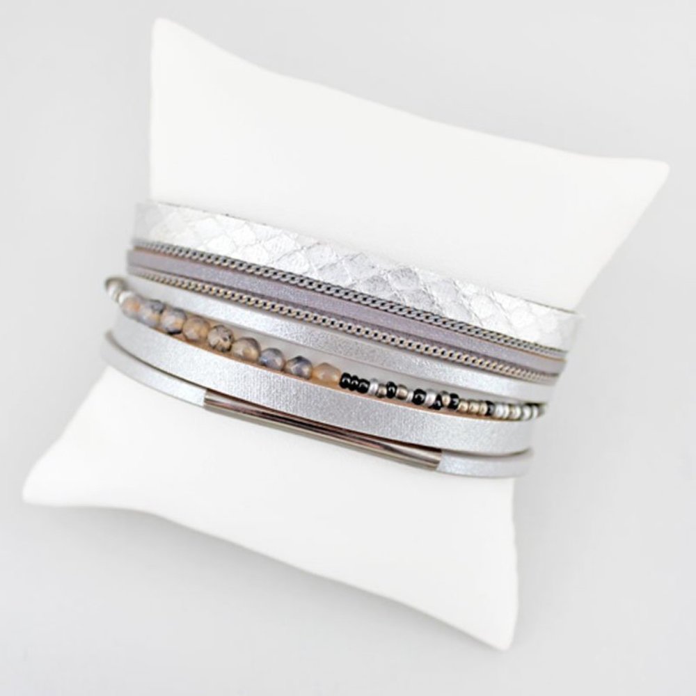Layered Strand Silver Beaded Faux Leather Bracelet